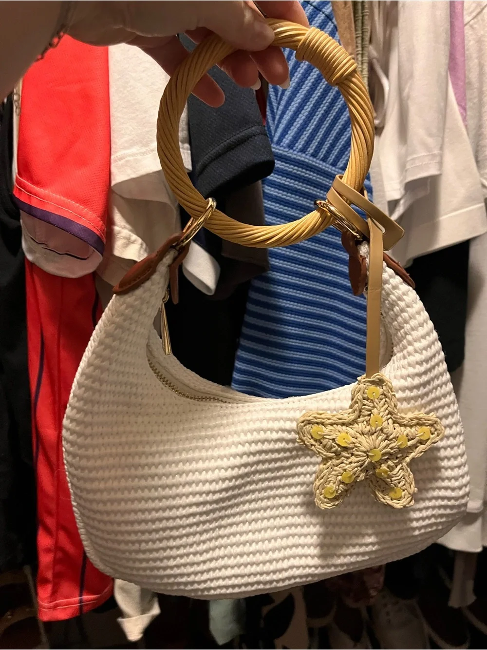 Target White Woven Shoulder Bag with Yellow Ring Handle